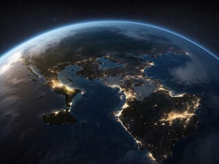 Stunning Nighttime View of Earth from Space with Glowing City Lights and Scattered Clouds