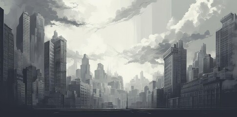 city background drawing of a cloudy day with a tall building in the foreground