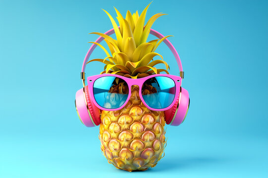 Cartoon character of pineapple wear sunglasses on blue background.