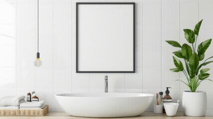 Fototapeta premium Empty frame on wall in minimalist bathroom, white tiles, simple fixtures, clean space