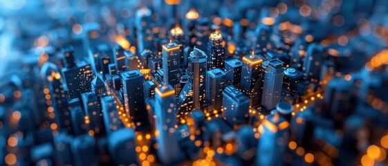 Drone view of a cityscape at dusk, glowing lights, urban tones, with copy space,