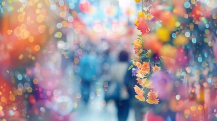 A sea of colorful flowers and people merge into a blurry mosaic at the festival.