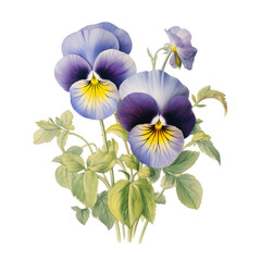 A delicate cluster of three blue and yellow pansies with green leaves.