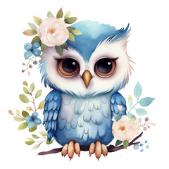 Fototapeta premium Cute blue owl with big eyes, wearing a flower crown, surrounded by floral elements. Perfect for children's book illustrations, card design, or social media posts.