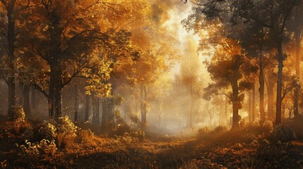 Obraz premium Golden Autumn Forest Sunlight Through Trees with Falling Leaves