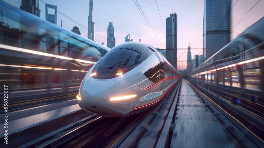 Poster create a scene of a person traveling in a high-speed maglev train, enjoying the smooth and fast jour