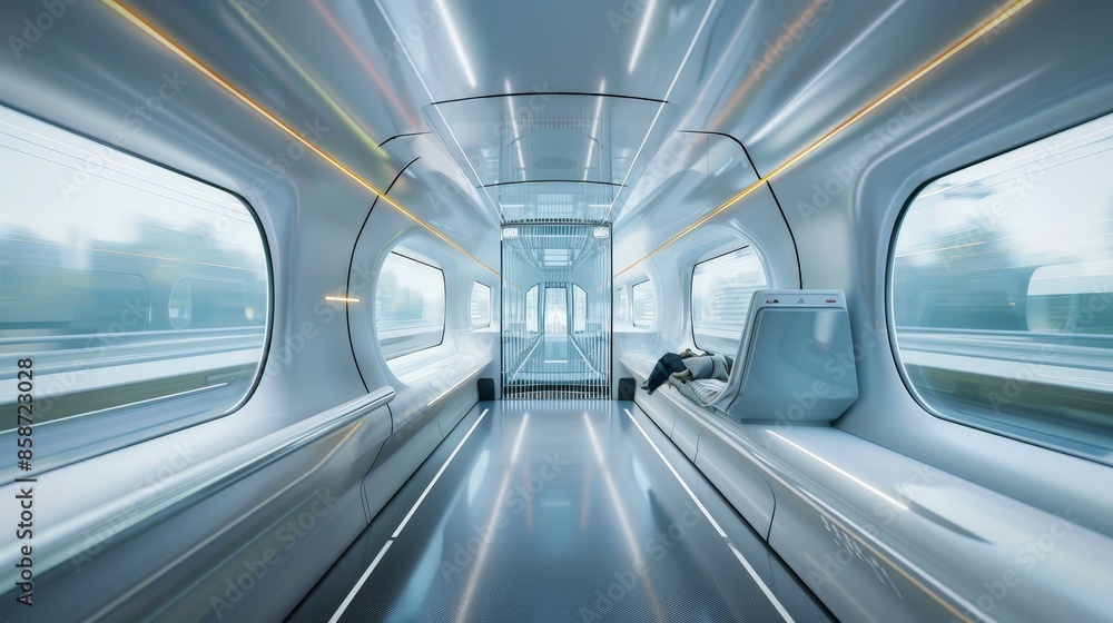 Poster create a scene of a person traveling in a high-speed maglev train, enjoying the smooth and fast jour
