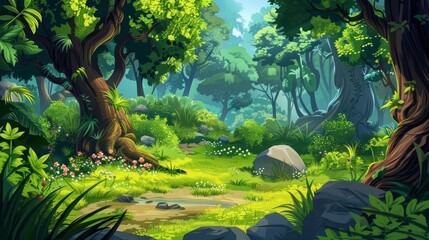 Lush Green Forest with Winding Path and Small Pond - Digital Illustration