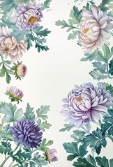 A delicate floral frame of purple and white chrysanthemums with green leaves on a white background.