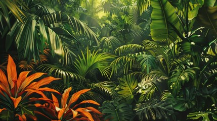 Lush Tropical Jungle Foliage with Sunlight Rays - Digital Painting