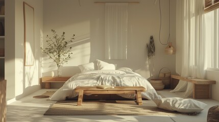 Minimalist Bedroom with Wooden Accent Table and Natural Light