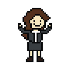 Obraz premium Cute pixel cartoon 8bit character business woman businesswoman smart work life office game for decoration business 8 bit female career smart character game vector.