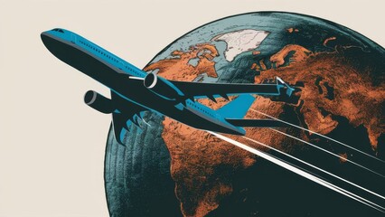 Artwork depicting an airplane journey around the world, capturing the essence of global exploration and adventure