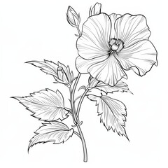 Fototapeta premium Line drawing of a delicate hibiscus flower with leaves and buds.