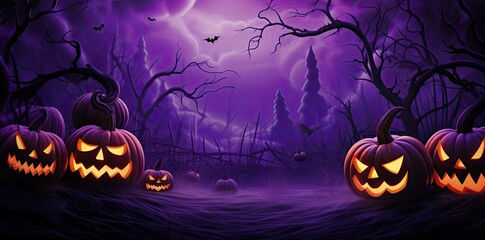 purple halloween background featuring a variety of pumpkins, including orange, yellow, and orange - and - yellow pumpkins, with a black bird perched on a branch in the foreground