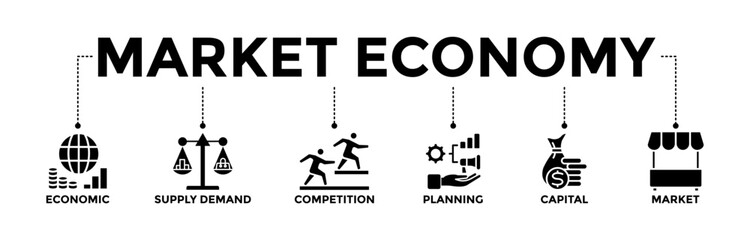Market economy banner icons set. Vector graphic glyph style with icon of economic, supply demand, competition, planning, capital, and market