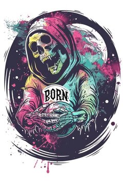 recommend clip art: old school tattoos and metalcore asthetics with thick bold black outlines. The design features the grim reaper holding planet earth in his hands and the phrase "BORN TO ROAM" - generative ai