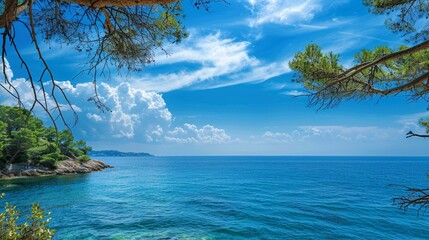 Through the Branches, Azure Sea and Sky - Coastal View with Clouds