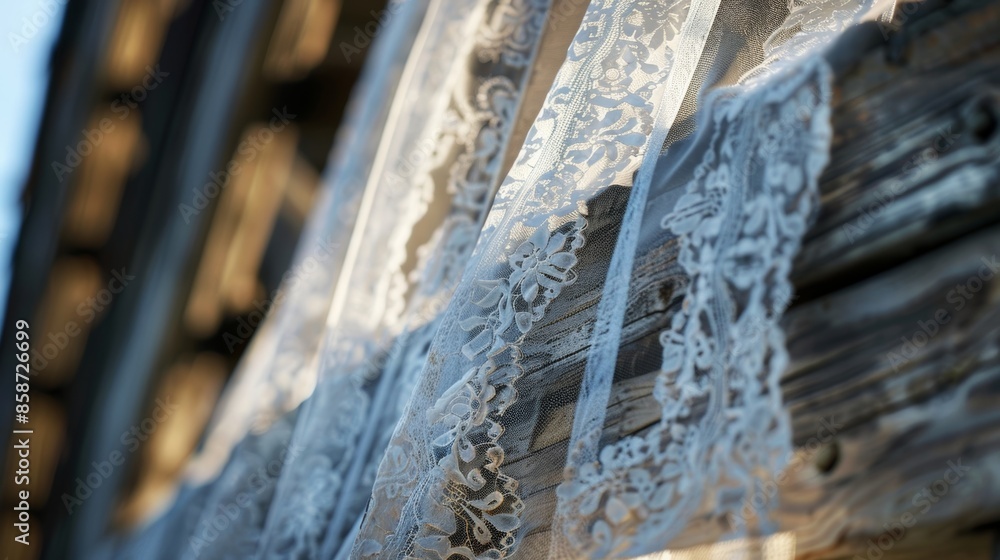 Poster delicate lace fabric peeking through the gaps of the drawbridge adding an elegant touch to the sy st