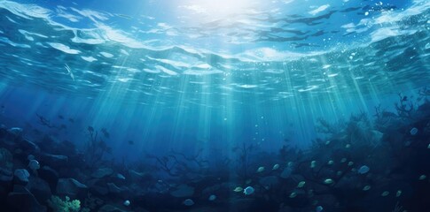 undersea background of a vibrant coral reef with a variety of fish, including small and large white and blue fish, as well as a large white fish, swimming in the blue water