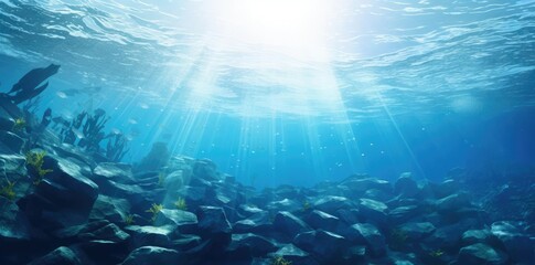 undersea background of a vibrant underwater world featuring a variety of colorful fish, including yellow, green, and white varieties, as well as a large gray rock