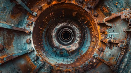 Close-up inside a cooling tower flue, showcasing the detailed inner workings, raw industrial style, immersive and precise