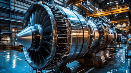 Close-up of a big turbine engine, showcasing the precision and power of modern industrial technology, raw style, intricate details