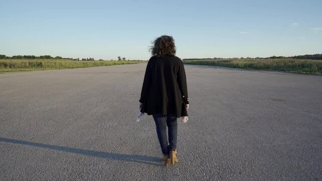 Mujer andando por una pista de aterrizaje hacia el infinito, se gira y sonr&iacute;e.
