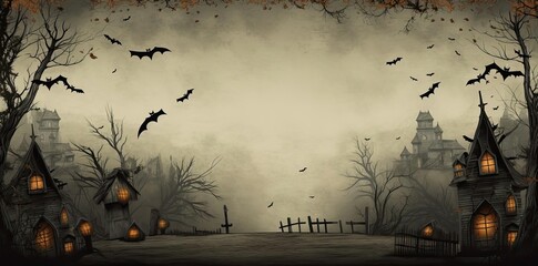 vintage halloween background featuring a spooky castle surrounded by bare trees and a wood fence, with flying birds and a gray sky in the background