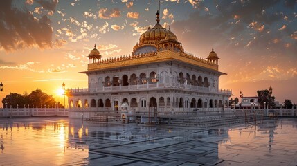 Fototapeta premium Beautiful palace with a golden dome, intricate designs, sunrise enhancing its grandeur, raw style, vibrant and detailed