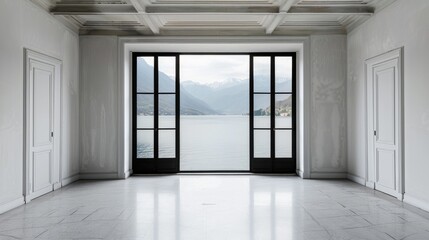 Fototapeta premium Empty room with white walls and black window facing Lake Maggiore