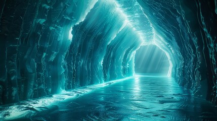 Blue ice tunnel underwater, mesmerizing frozen environment with unique architecture, raw and vivid details, ethereal ambiance