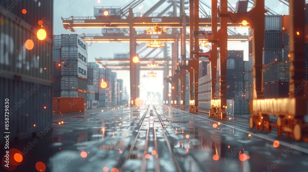 Poster at a bustling shipping port 5gequipped cranes load and unload cargo containers with lightningfast sp