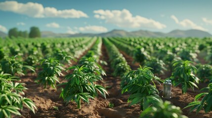 Determined Anthropomorphic Lettuce Managing Large Cannabis Farm - Whimsical Agricultural Scene with Lettuce Farmer