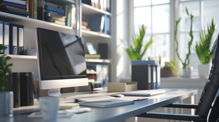 Fototapeta premium Bright and Organized Office Workspace with Computer, Notebooks, and Sunlight