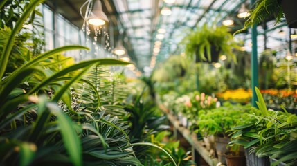 Lush Greenhouse Oasis: Flourishing Plants under Bright Grow Lights with Automated Watering System