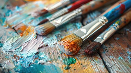 Obraz premium Close up of artist paintbrushes on vintage wooden surface