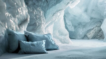 Comfortable pillow set in a surreal icy cavern, portal opening in the background, mysterious and dreamlike, raw style, vivid detail
