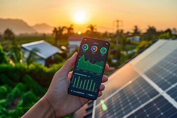 Hand holding a smartphone with a green energy monitoring app, displaying real-time data on solar power generation for homes.[A-0001]