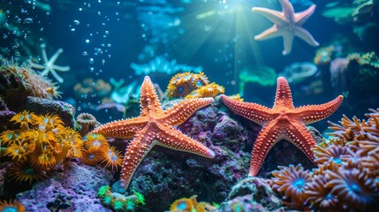 Colorful coral reef with an assortment of vibrant starfish, illuminated by warm sunlight, raw style, vivid and detailed marine life