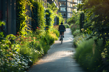 A cyclist riding on a sustainable city bike path, surrounded by greenery and eco-friendly urban infrastructure.[A-0001]