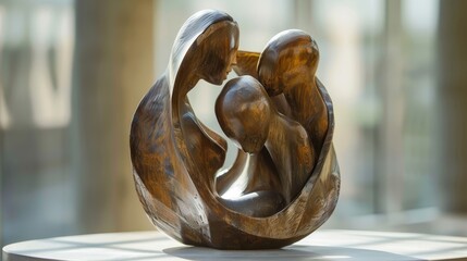 Energy of New Beginnings modernist sculpture revealed, with people embracing behind it, raw and detailed, dynamic and inspiring