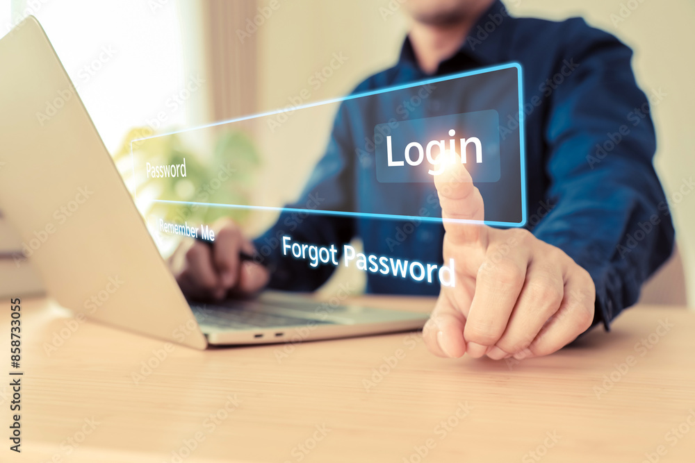 Poster businessman and screen login username and password identity or sign up register of cyber security in
