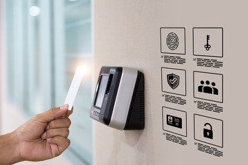 Hand scanning proximity ID card on reader access control system for door unlock with security icons...