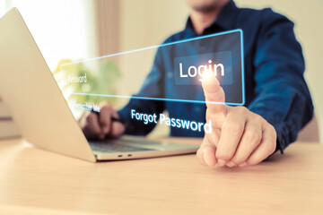 Businessman and screen login username and password identity or sign up register of cyber security internet access join social or personal data protection or forget pass key unlock.