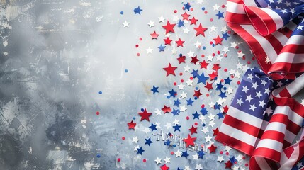 Naklejka premium Happy Presidents Day banner with American flags, confetti stars,,Grosgrain ribbon, on loft background with free space in right side ,Independence Day, American Labor day, Memorial Day