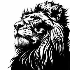 A black and white drawing of a lion with a long mane
