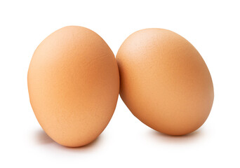 Front view of brown chicken eggs in stack isolated on white background with clipping path