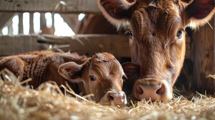 American cow and calf eating in barn pen close up with space for text