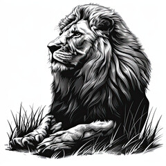 Obraz premium A black and white drawing of a lion sitting in the grass